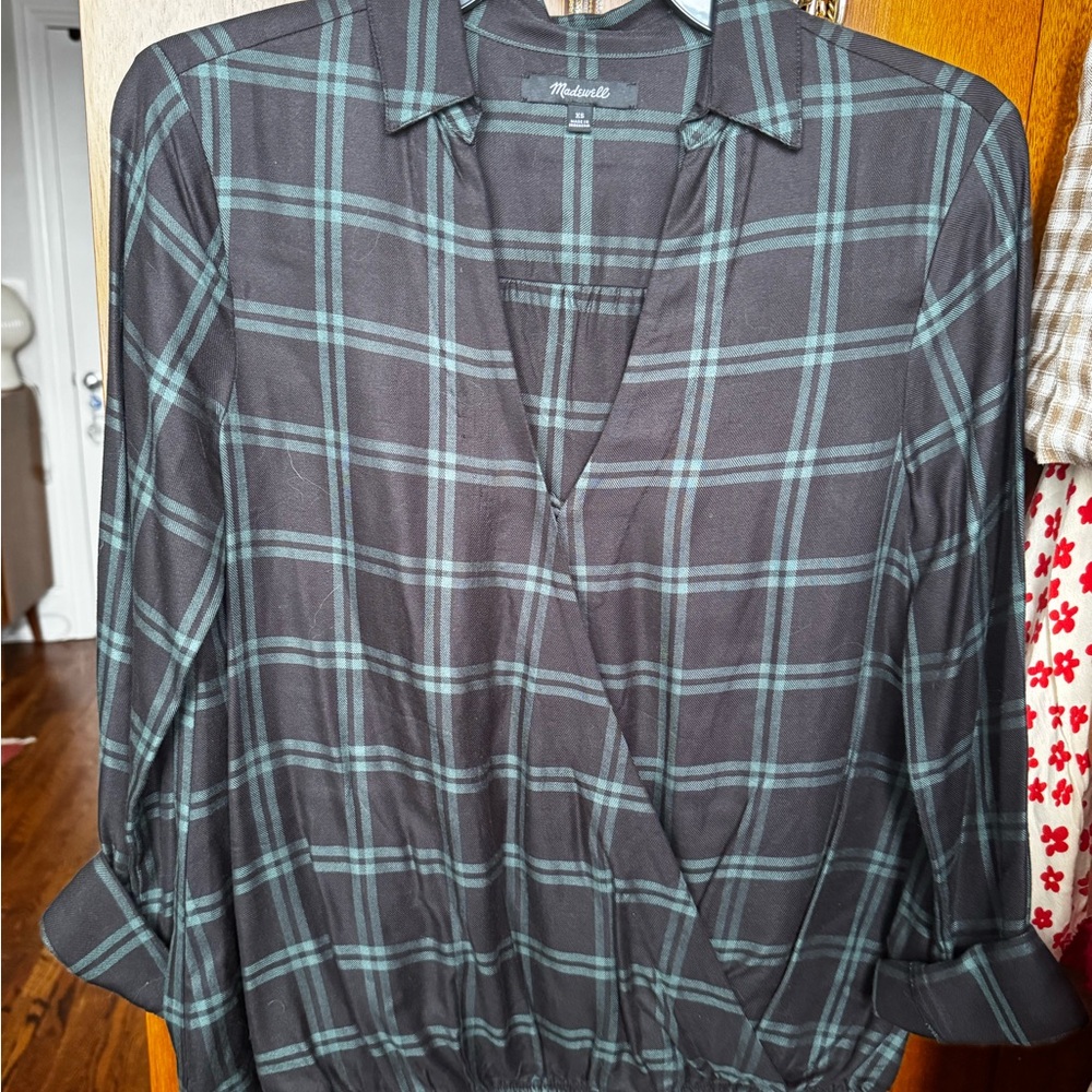 Madewell Plaid Wrap Blouse in Black and Green
